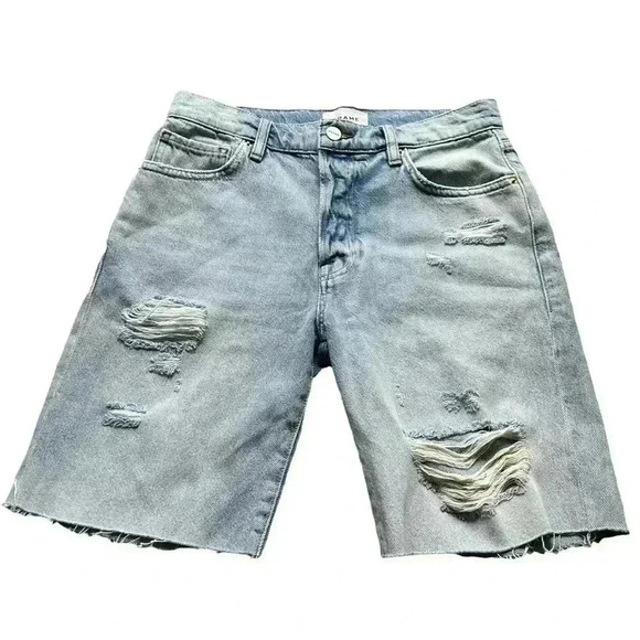 FRAME LE SLOUCH LIGHT WASH DISTRESSED DENIM JEAN BERMUDA WOMEN’S SHORTS•SIZE 24• - Picture 1 of 8